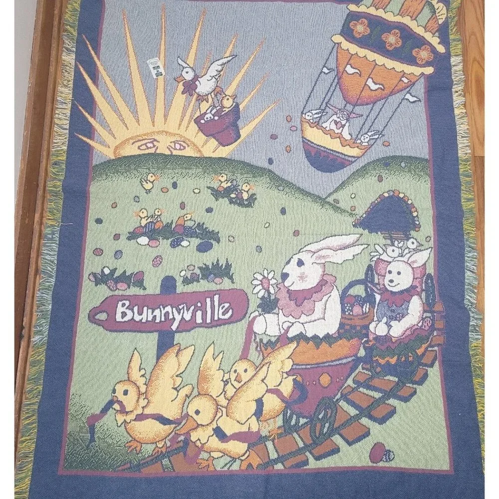 Vintage Tapestry Throw Blanket Easter Spring Bunnys Rabbits Chicks Large 72 x 48